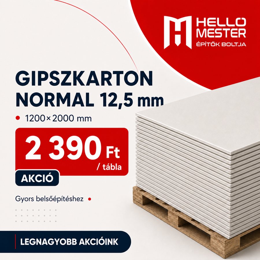 Gipszkarton normál 12,5 mm, 1200×2000 mm akciós áron – HelloMester Kecskemét