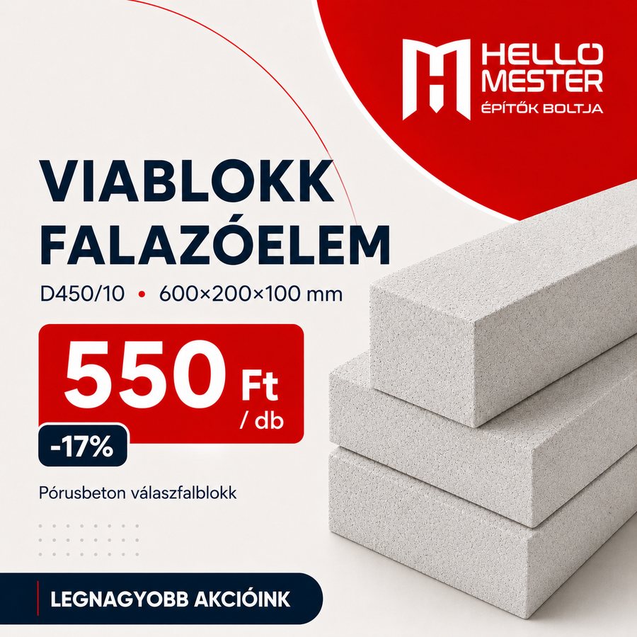 VIABLOKK D450/10 pórusbeton válaszfalblokk 600×200×100 mm akciós áron