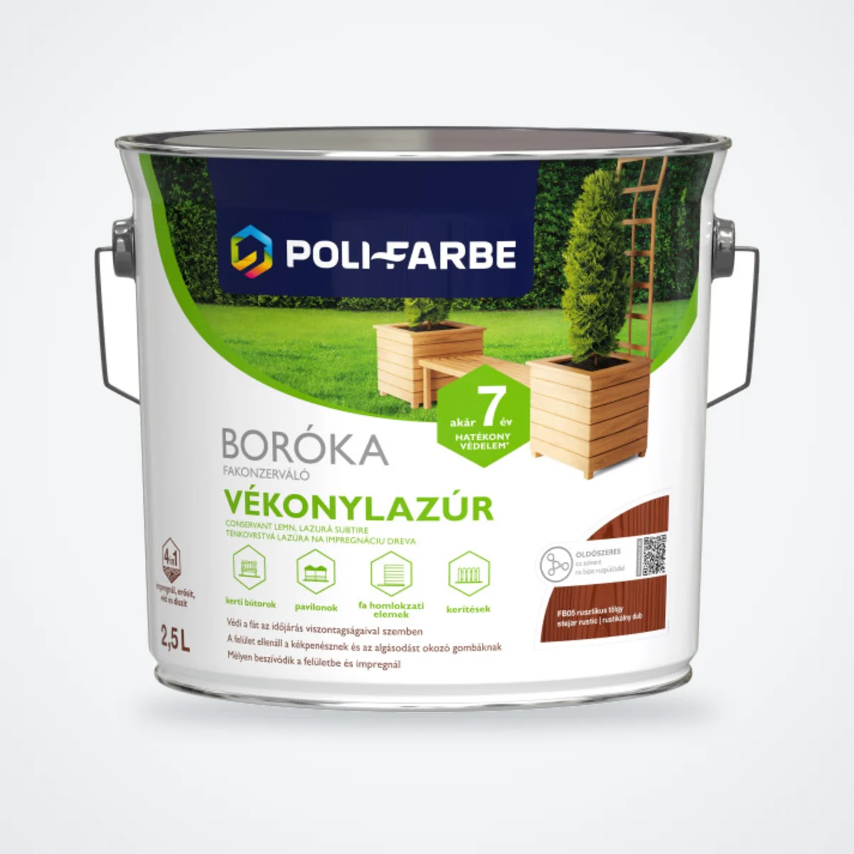 Poli-Farbe Boróka fakonzerváló vékonylazúr FB05 rusztikus tölgy 2,5 L – HelloMester Kecskemét