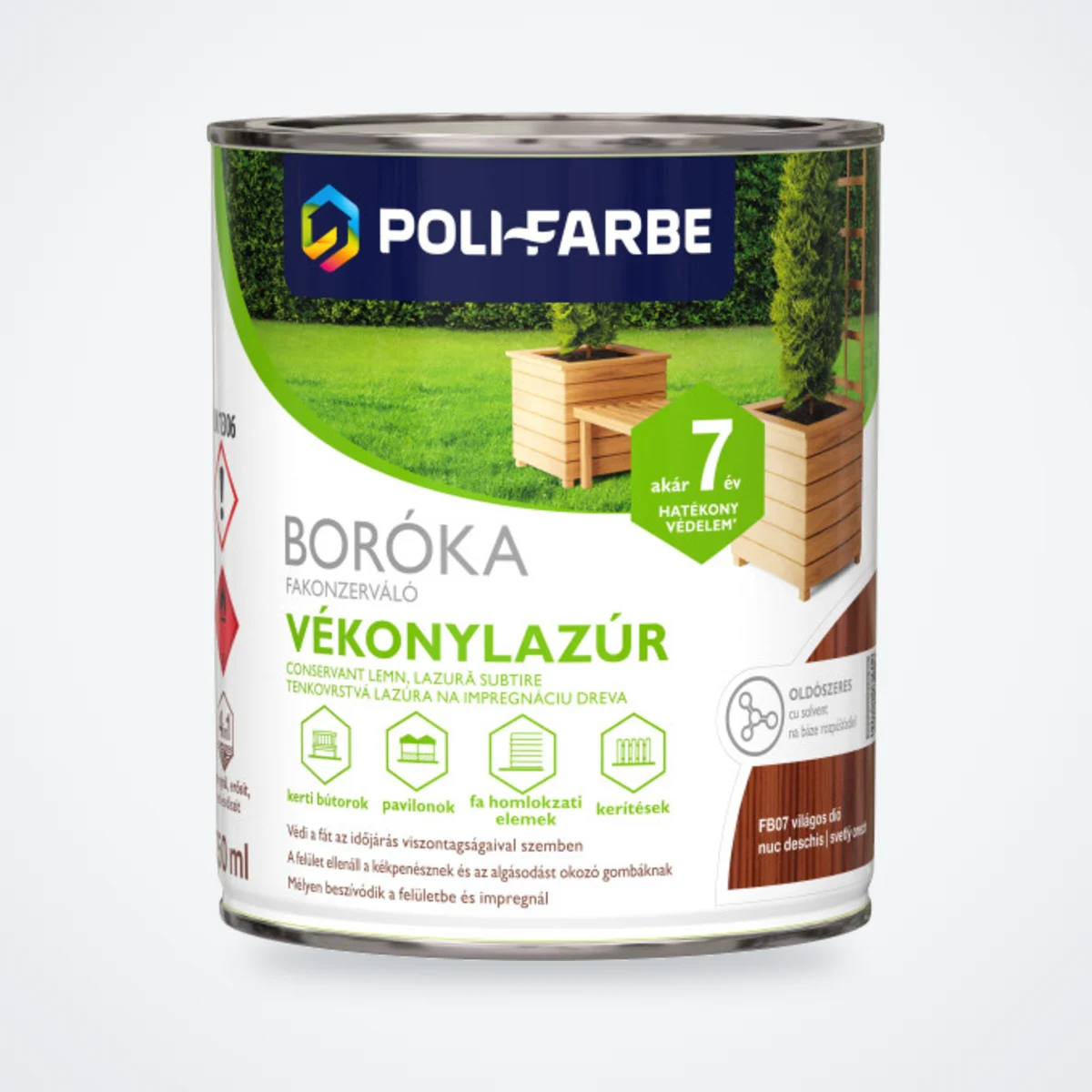 Poli-Farbe Boróka fakonzerváló vékonylazúr FB07 világos dió 0,75 L – HelloMester Kecskemét
