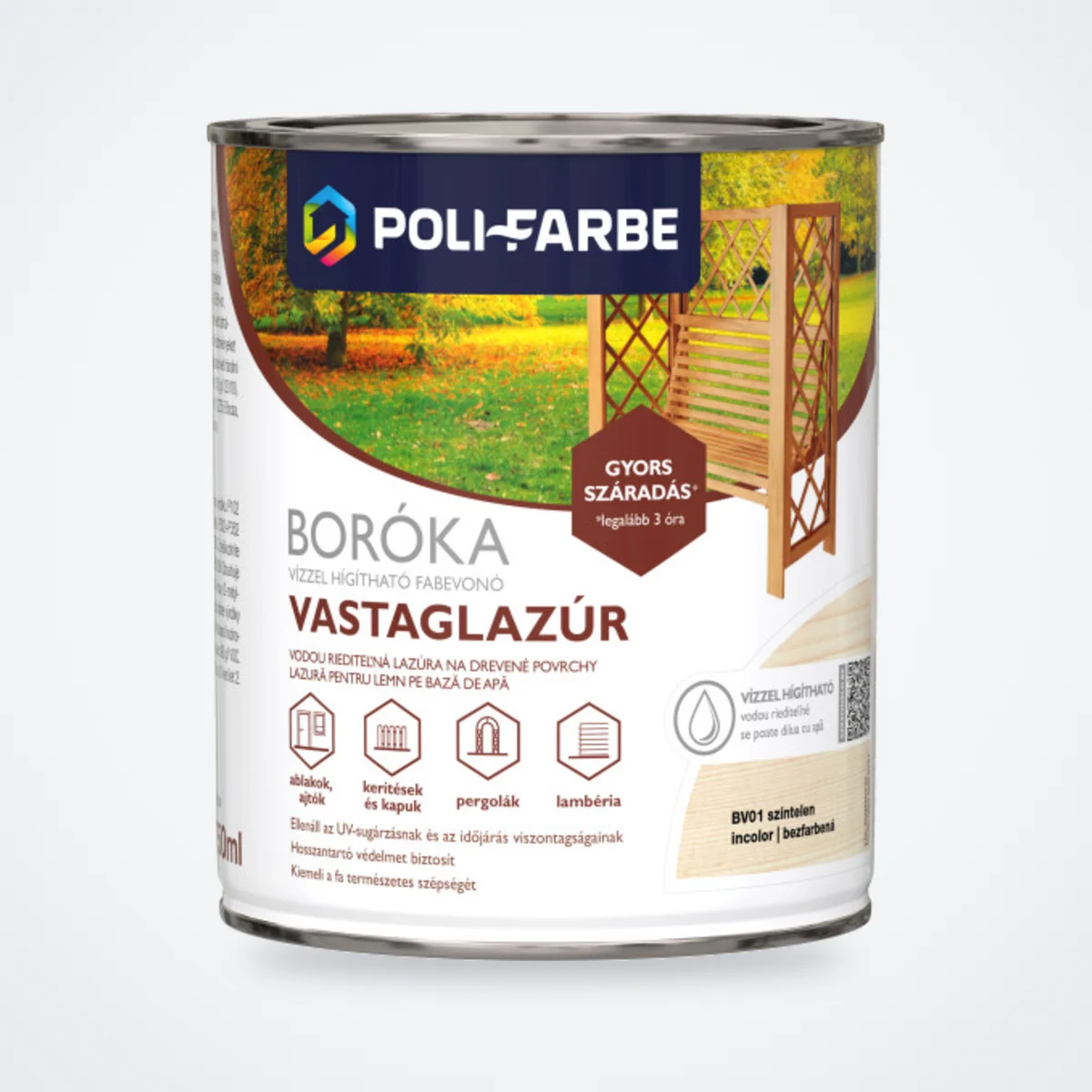 Poli-Farbe Boróka vízzel hígítható vastaglazúr színtelen (kültéri) 0,75 L – HelloMester Kecskemét