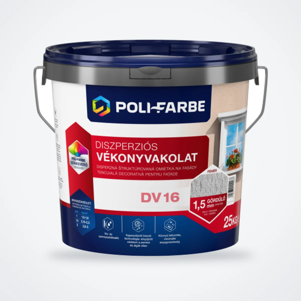 Poli-Farbe diszperziós vékonyvakolat 1,5 mm gördülőszemcsés fehér 25 kg – HelloMester Kecskemét