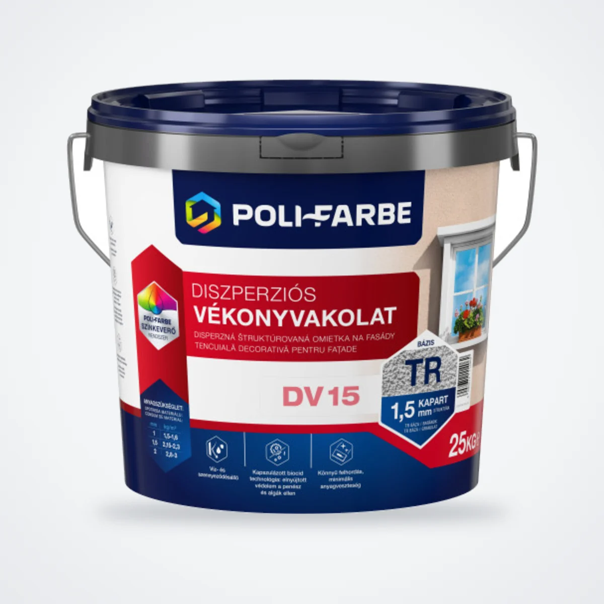 Poli-Farbe diszperziós vékonyvakolat 1,5 mm kapart színtelen bázis 25 kg – HelloMester Kecskemét