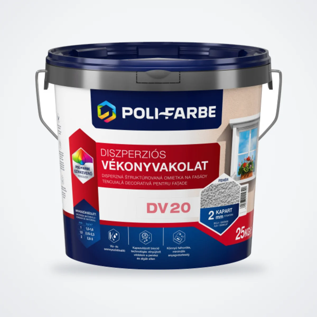 Poli-Farbe diszperziós vékonyvakolat 2 mm kapart fehér 25 kg – HelloMester Kecskemét