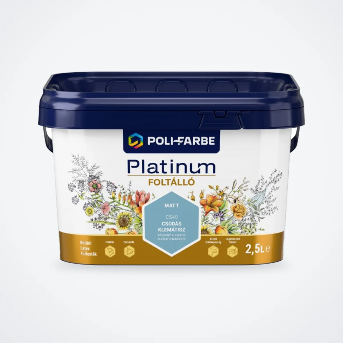 Poli-Farbe Platinum Foltálló latex falfesték Csodás klemátisz CS40 2,5 L – HelloMester Kecskemét