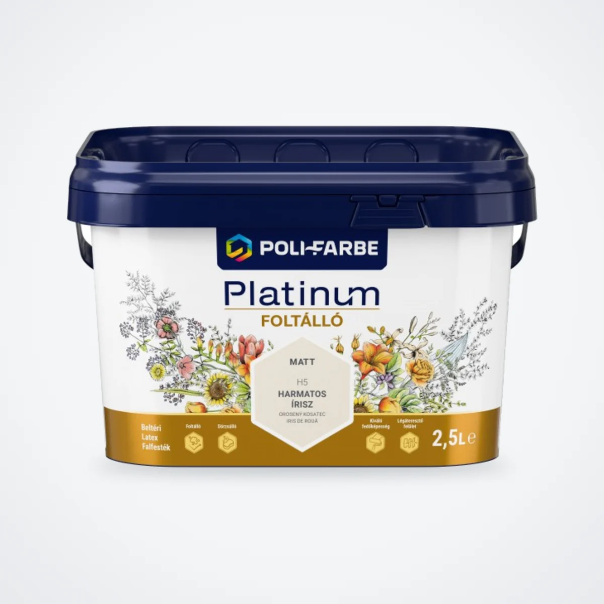 Poli-Farbe Platinum Foltálló latex falfesték Harmatos írisz H5 2,5 L – HelloMester Kecskemét