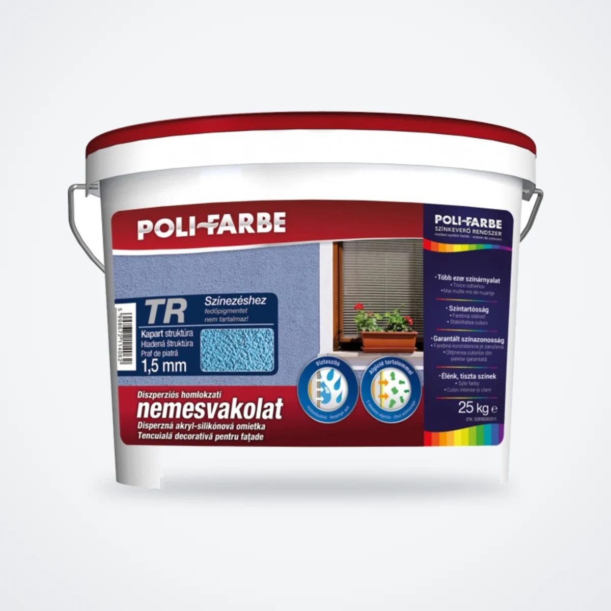 Poli-Farbe Protec Ton in ton színes vékonyvakolat 1,5 mm kapart M színkategória 25 kg – HelloMester Kecskemét