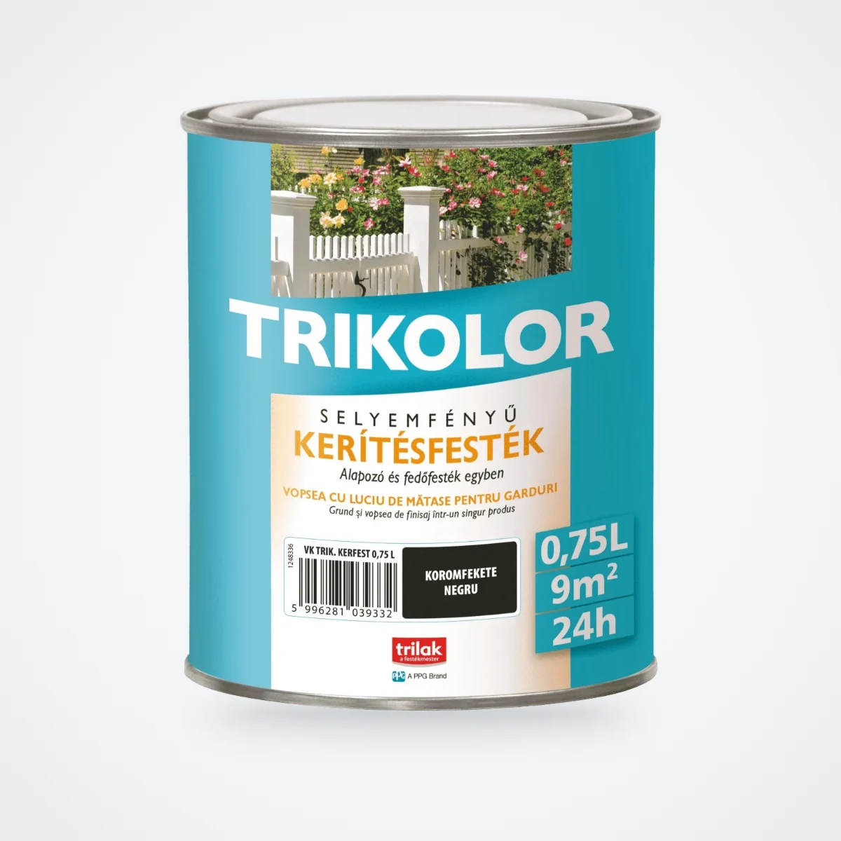 Trikolor selyemfényű kerítésfesték – koromfekete, 0,75 L – HelloMester Kecskemét