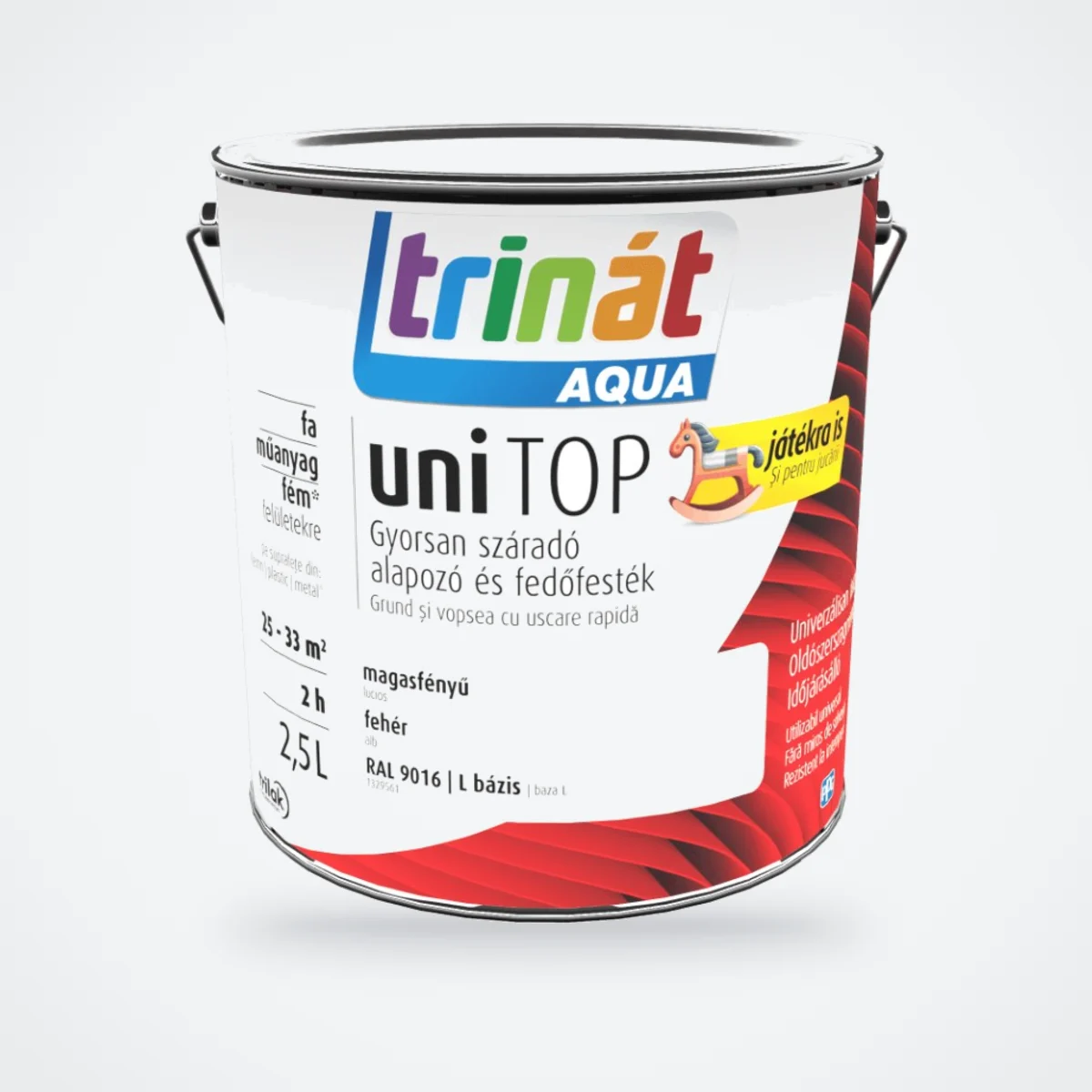 Trinát Aqua uniTOP magasfényű alapozó és fedőfesték – RAL 9016 fehér, 2,5 L – HelloMester Kecskemét