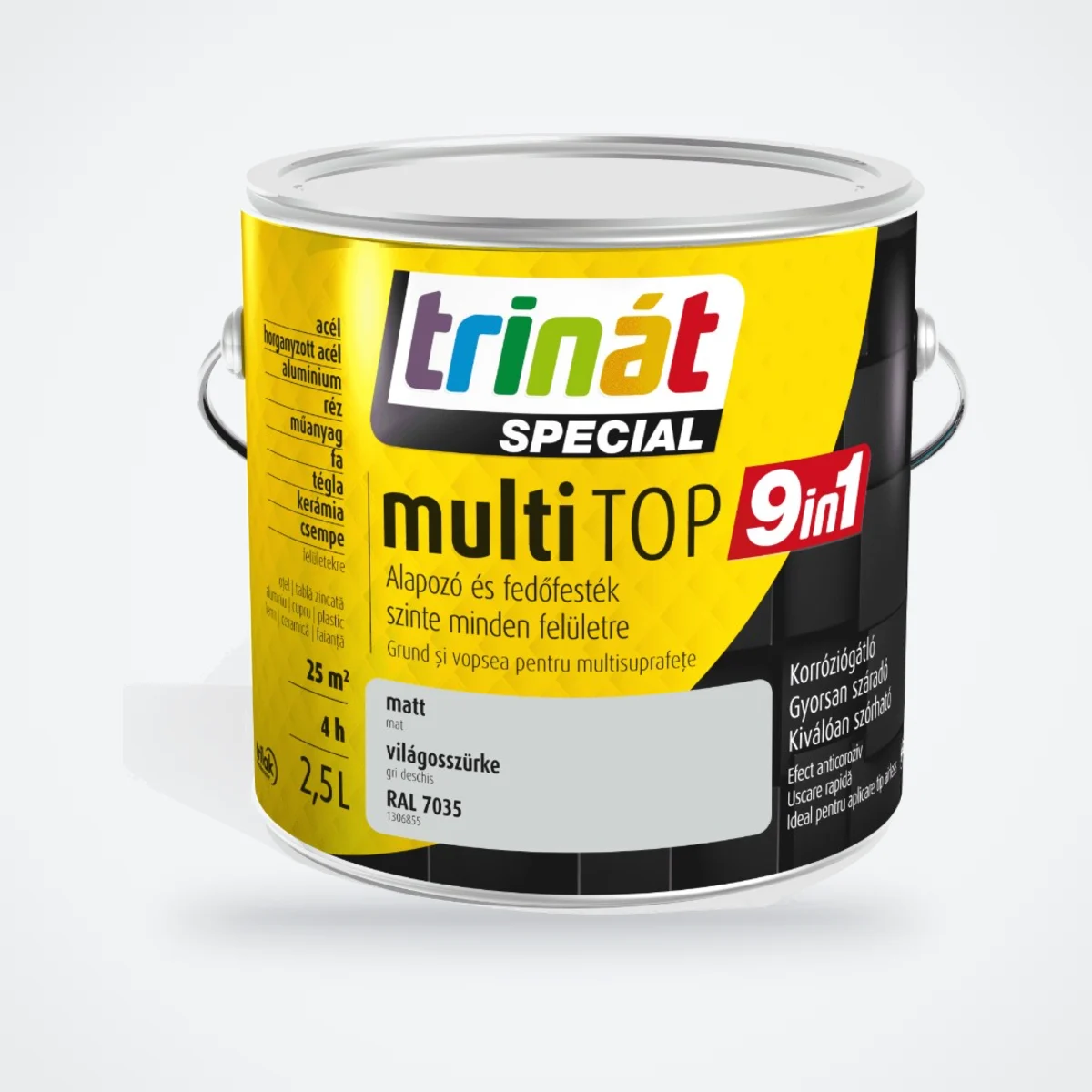 Trinát Special multiTOP 9in1 alapozó és fedőfesték – RAL 7035 világosszürke, 2,5 L – HelloMester Kecskemét