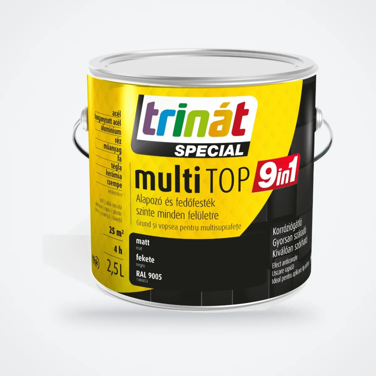 Trinát Special multiTOP 9in1 alapozó és fedőfesték – RAL 9005 fekete, 2,5 L – HelloMester Kecskemét
