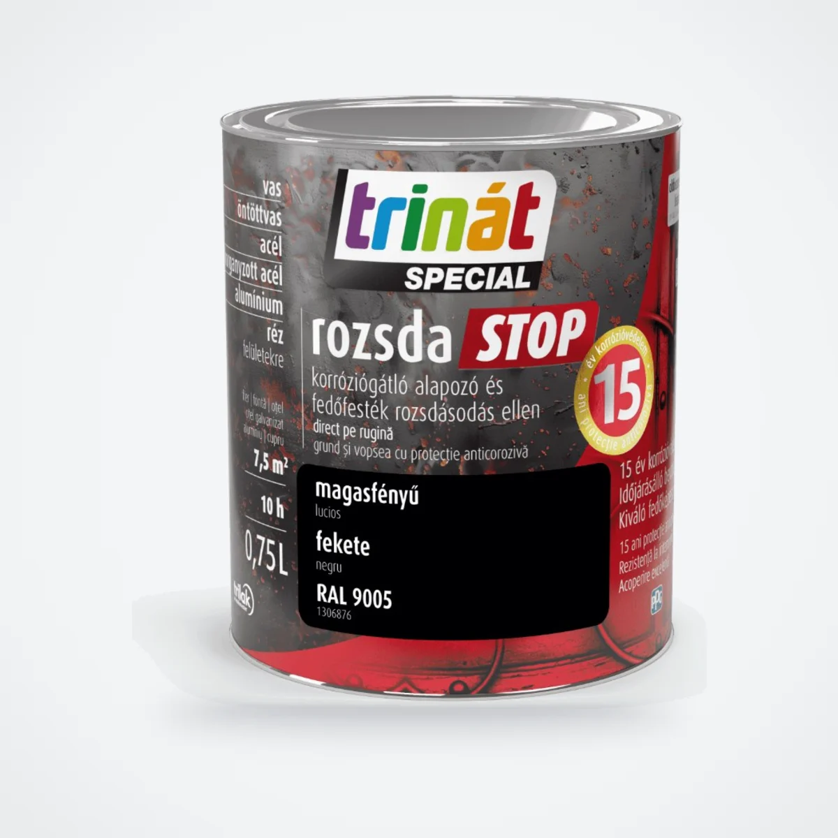 Trinát Special rozsdaSTOP magasfényű fémfesték rozsdára – RAL 9005 fekete, 0,75 L – HelloMester Kecskemét