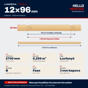 Lambéria lucfenyő Fase B 12×96×2700 mm – méretek, profil és kiszerelés