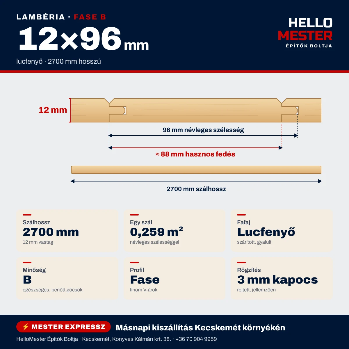 Lambéria lucfenyő Fase B 12×96×2700 mm – méretek, profil és kiszerelés