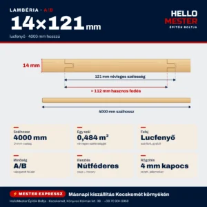 Lambéria lucfenyő A/B 14×121×4000 mm – méretek, profil és kiszerelés