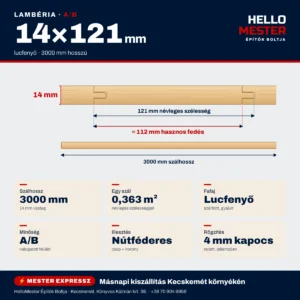 Lambéria lucfenyő A/B 14×121×3000 mm – méretek, profil és kiszerelés