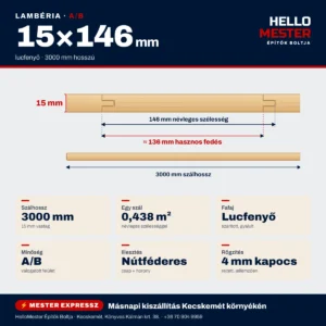 Lambéria lucfenyő A/B 15×146×3000 mm – méretek, profil és kiszerelés