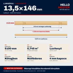 Lambéria lucfenyő 13,5×146×5100 mm – méretek, profil és kiszerelés