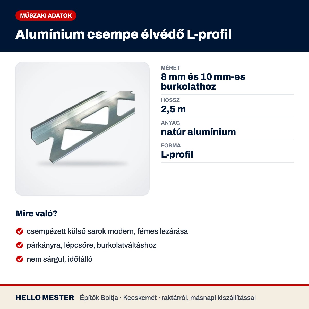 Alumínium csempe élvédő L-profil – műszaki adatok és felhasználás