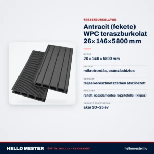 Antracit (fekete) WPC teraszburkolat 26×146×5800 mm – műszaki adatok – HelloMester Kecskemét