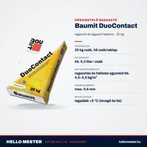 Baumit DuoContact – műszaki adatok: ragasztás és hálózás egyaránt kb. 4,5–5,5 kg/m², kb. 5,3 liter / zsák keverővíz | HelloMester Kecskemét