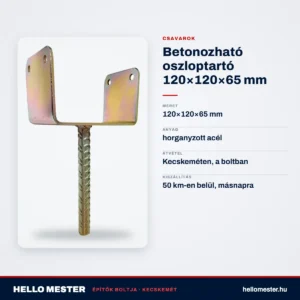 Betonozható oszloptartó 120×120×65 mm – műszaki adatok – HelloMester Kecskemét
