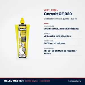 Ceresit CF 920 vinilészter vegyi dübel, 300 ml – műszaki adatok, kiszerelés – HelloMester Kecskemét