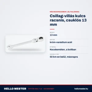 Csillag-villás kulcs racsnis, csuklós 13 mm – műszaki adatok – HelloMester Kecskemét
