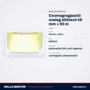 Csomagragasztó szalag átlátszó 48 mm × 50 m – műszaki adatok – HelloMester Kecskemét