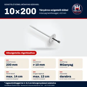 Szigetelő dübel műanyag szeggel 10×200 mm – méret és ajánlott szigetelésvastagság | HelloMester Kecskemét