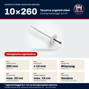 Szigetelő dübel műanyag szeggel 10×260 mm – méret és ajánlott szigetelésvastagság | HelloMester Kecskemét
