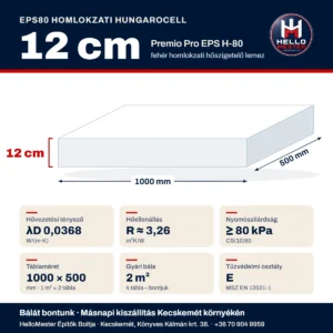EPS80 homlokzati hungarocell 12 cm műszaki adatai: λD 0,0368 W/(m·K), R ≈ 3,26 m²K/W, 1000 × 500 mm tábla, gyári bála 2 m² – HelloMester Kecskemét