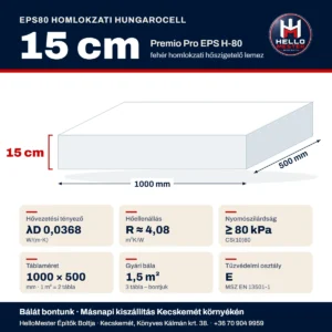 EPS80 homlokzati hungarocell 15 cm műszaki adatai: λD 0,0368 W/(m·K), R ≈ 4,08 m²K/W, 1000 × 500 mm tábla, gyári bála 1,5 m² – HelloMester Kecskemét
