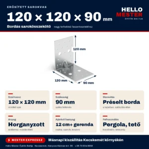 Erősített sarokvas 120x120x90 mm méretei: 120 mm-es szárak, 90 mm szélesség – infografika