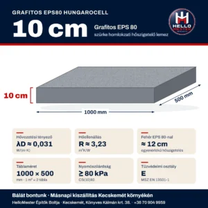 Grafitos EPS80 hungarocell 10 cm műszaki adatai: λD ≈ 0,031 W/(m·K), R ≈ 3,23 m²K/W, ≈ 12 cm fehér EPS 80-nal egyenértékű – HelloMester Kecskemét