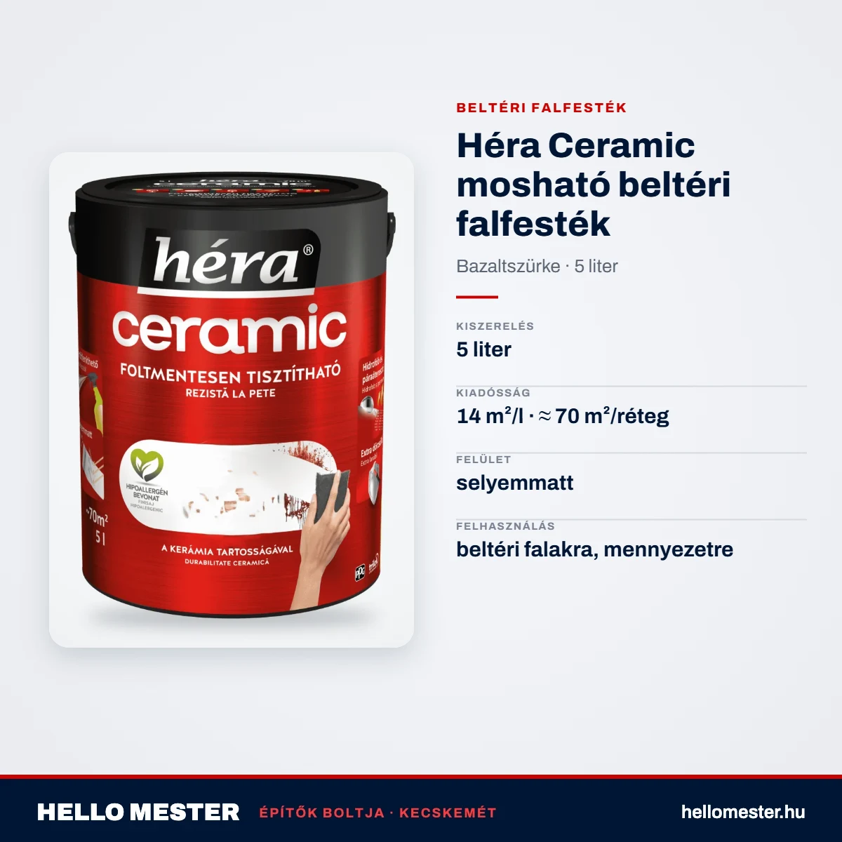 Héra Ceramic mosható beltéri falfesték – Bazaltszürke, 5 L – műszaki adatok – HelloMester Kecskemét