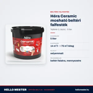 Héra Ceramic mosható beltéri falfesték – Tejfehér (L bázis), 5 L – műszaki adatok – HelloMester Kecskemét