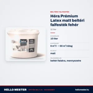 Héra Prémium Latex matt beltéri falfesték fehér – 10 L – műszaki adatok – HelloMester Kecskemét