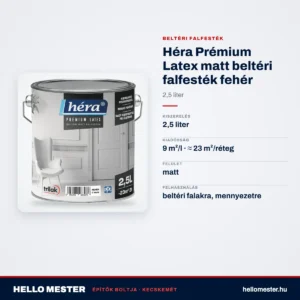 Héra Prémium Latex matt beltéri falfesték fehér – 2,5 L – műszaki adatok – HelloMester Kecskemét