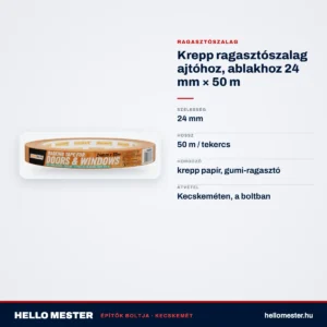 Krepp ragasztószalag ajtóhoz, ablakhoz 24 mm × 50 m – műszaki adatok – HelloMester Kecskemét
