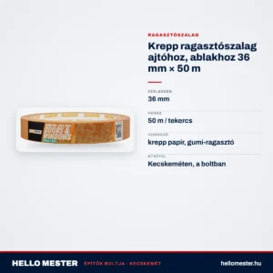 Krepp ragasztószalag ajtóhoz, ablakhoz 36 mm × 50 m – műszaki adatok – HelloMester Kecskemét
