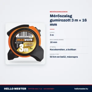 Mérőszalag gumírozott 3 m × 16 mm – műszaki adatok – HelloMester Kecskemét
