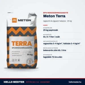 Meton Terra – műszaki adatok: ragasztás 3–4 kg/m², hálózás 3–4 kg/m², kb. 6–7 liter / zsák keverővíz | HelloMester Kecskemét