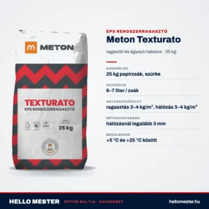 Meton Texturato – műszaki adatok: ragasztás 3–4 kg/m², hálózás 3–4 kg/m², 6–7 liter / zsák keverővíz | HelloMester Kecskemét