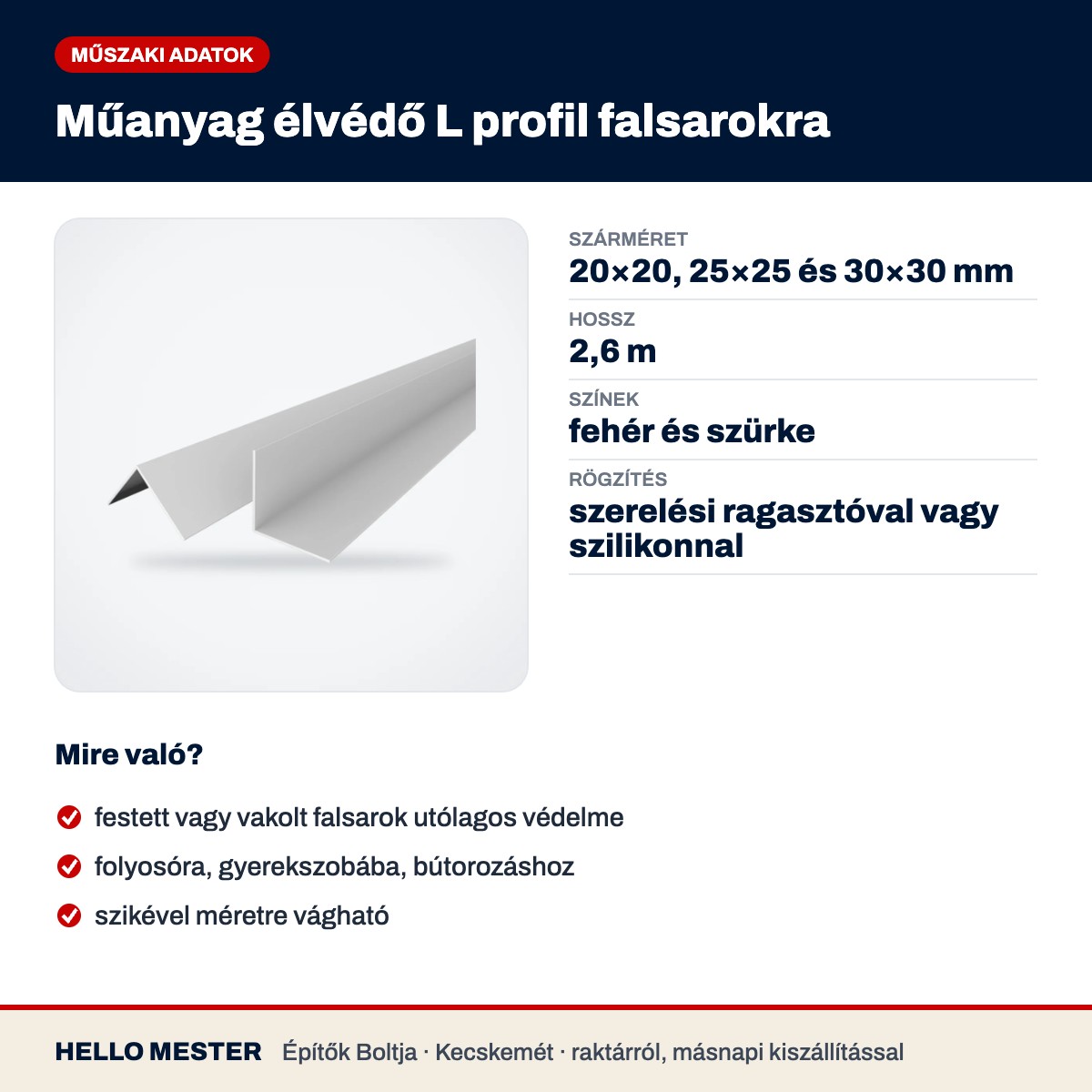 Műanyag élvédő L profil falsarokra – műszaki adatok és felhasználás