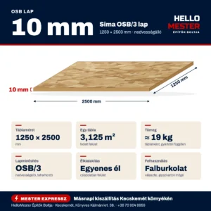 OSB lap 10 mm – műszaki infografika: 1250×2500 mm, OSB/3, ≈ 19 kg táblánként, felhasználás: falburkolat | HelloMester