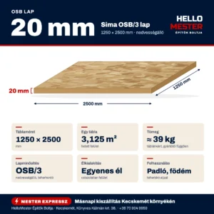 OSB lap 20 mm – műszaki infografika: 1250×2500 mm, OSB/3, ≈ 39 kg táblánként, felhasználás: padló, födém | HelloMester