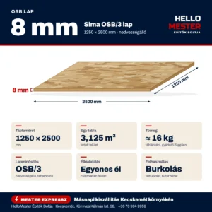 OSB lap 8 mm – műszaki infografika: 1250×2500 mm, OSB/3, ≈ 16 kg táblánként, felhasználás: burkolás | HelloMester