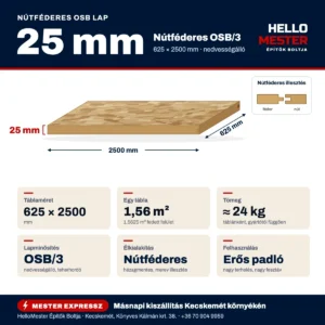 Nútféderes OSB lap 25 mm – műszaki infografika: 625×2500 mm, OSB/3, ≈ 24 kg táblánként, felhasználás: erős padló | HelloMester