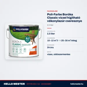 Poli-Farbe Boróka Classic vízzel hígítható vékonylazúr cseresznye 2,5 L – műszaki adatok – HelloMester Kecskemét
